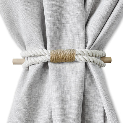 Curtain Tiebacks Rustic Holdbacks for Drapes, Farmhouse Tie Backs for Curtains, Cotton Jute Rope with Wood Club, Natural Boho Decor Shabby Chic Drapery Holder, Pack-2