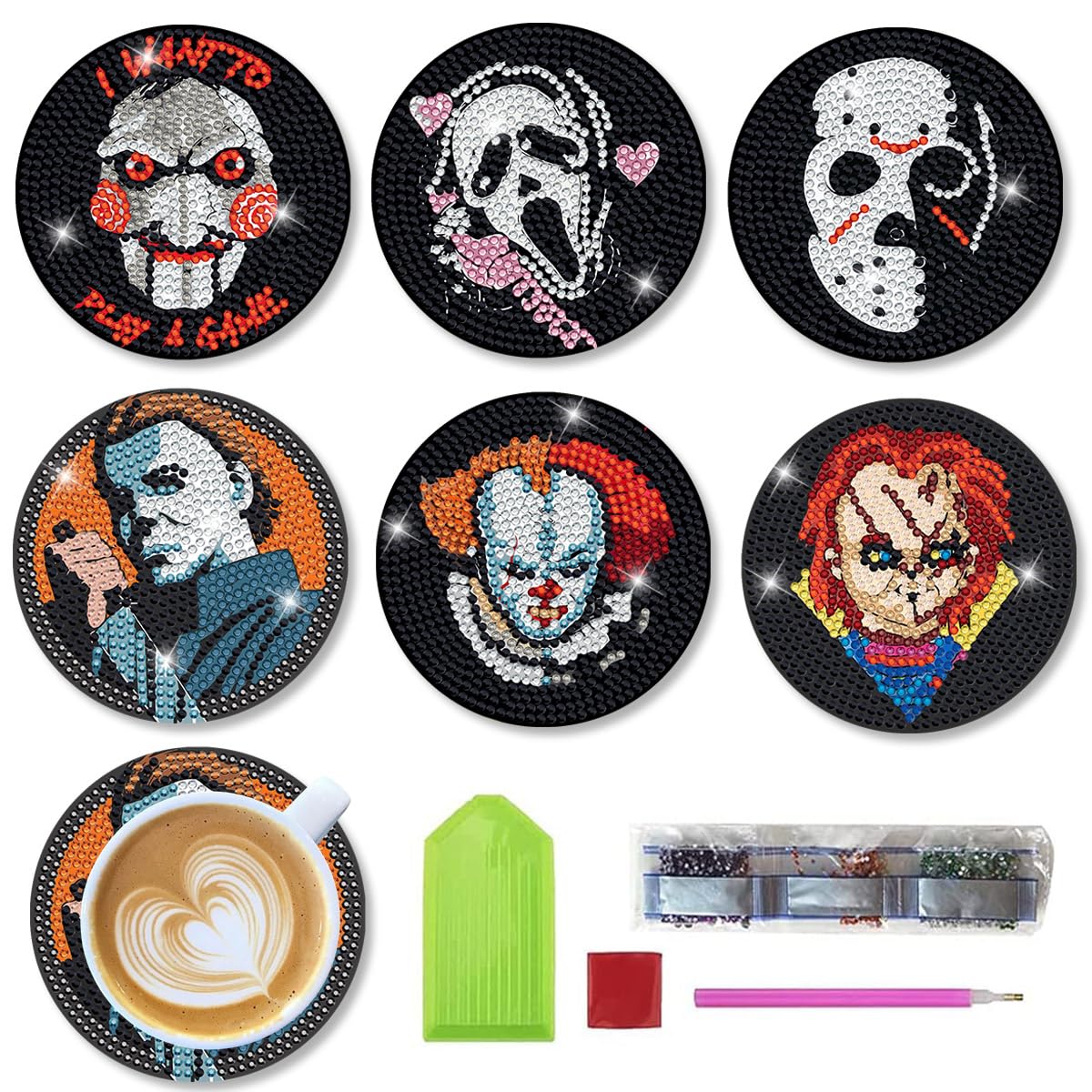 Bysincy 6 PCS Diamond Painting Coasters Kits with Holder Horror Halloween, DIY Funny Jack Skull Diamond Art Coaster Sets for Beginners Adults and Kids Art Craft Supplies Holiday Gift