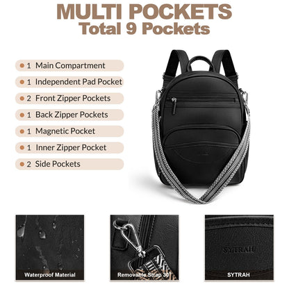 SYTRAH Small Backpack Purse for Women, Mini Backpack Vegan Leather with RFID Blocking & Tablet Pocket, Cute Shoulder Handbag for Travel, School & Work Black