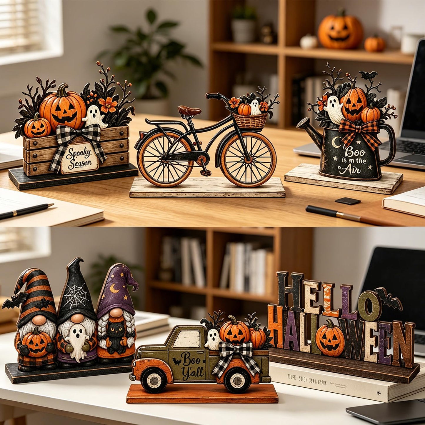 6 Pieces Halloween Decor Hello Halloween Table Topper Signs Spooky Pumpkin Ghost Gnome Truck Tiered Tray Centerpiece Farmhouse Halloween Wooden Tabletop Decorations for Indoor Home Kitchen Party