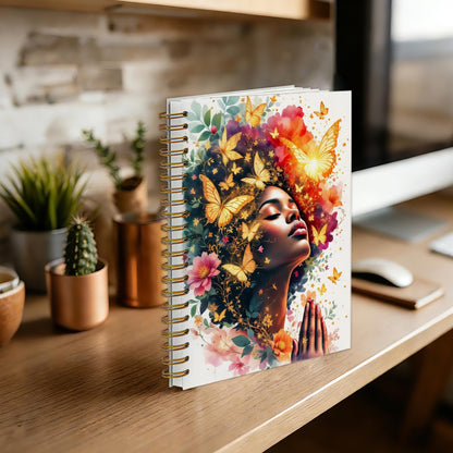 sdfkmlcdl Inspirational Black Women Praying Spiral Notebook, African American Gifts Journal for Black Women, Fantasy Golden Butterfly Flower Hardcover Journal, 5.5x8.3