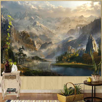 Spenlife Fantasy Valley Castle Wall Tapestry, Enchanted Mountain Lake Tapestries for Room Decor, Scenic Tapestry 60x44 Inch