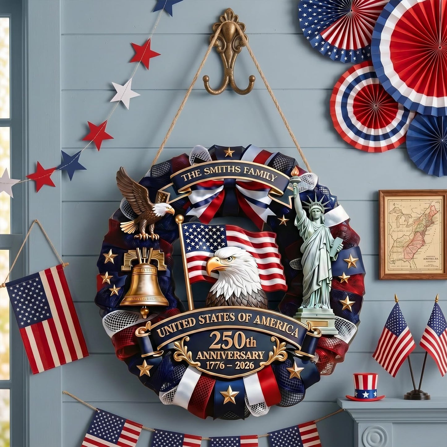 250 Anniversary USA Wreath, Wooden Eagle Door Sign 177-2026 Patriotic Front Door Decor for 4th of July Independence Day Home Porch Wall, 11.8 Inch