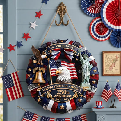 250 Anniversary USA Wreath, Wooden Eagle Door Sign 177-2026 Patriotic Front Door Decor for 4th of July Independence Day Home Porch Wall, 11.8 Inch