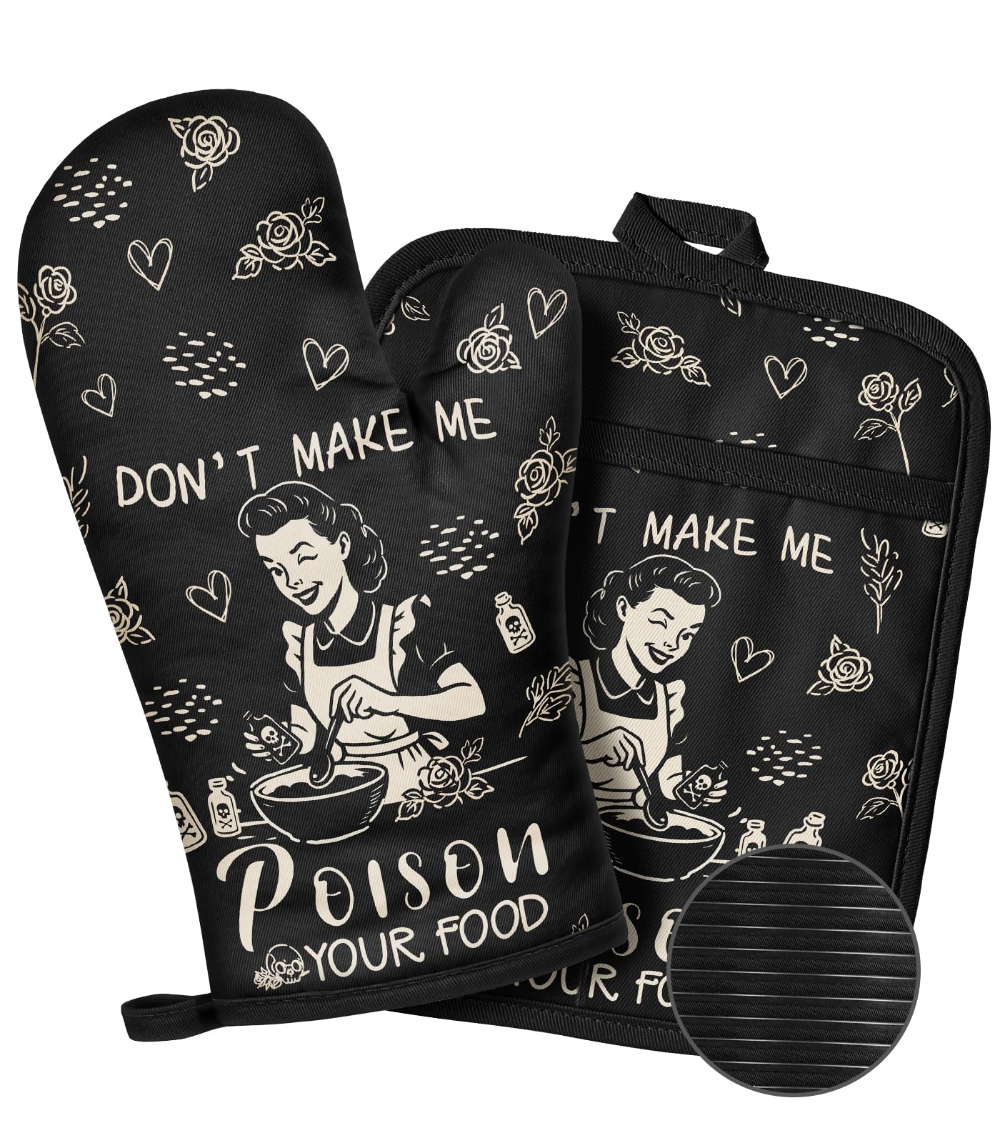 Slohif Funny Oven Mitts and Pot Holder for Women - Heat Resistant Black Cute Novelty Kitchen Oven Mittens 100% Cotton, Non-Slip Silicone Surface Pot Holder for Baking and Cooking Accessories