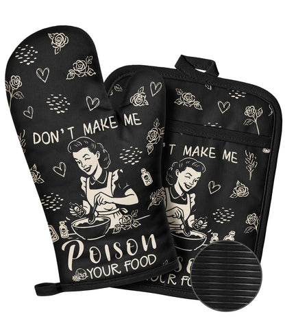 Slohif Funny Oven Mitts and Pot Holder for Women - Heat Resistant Black Cute Novelty Kitchen Oven Mittens 100% Cotton, Non-Slip Silicone Surface Pot Holder for Baking and Cooking Accessories