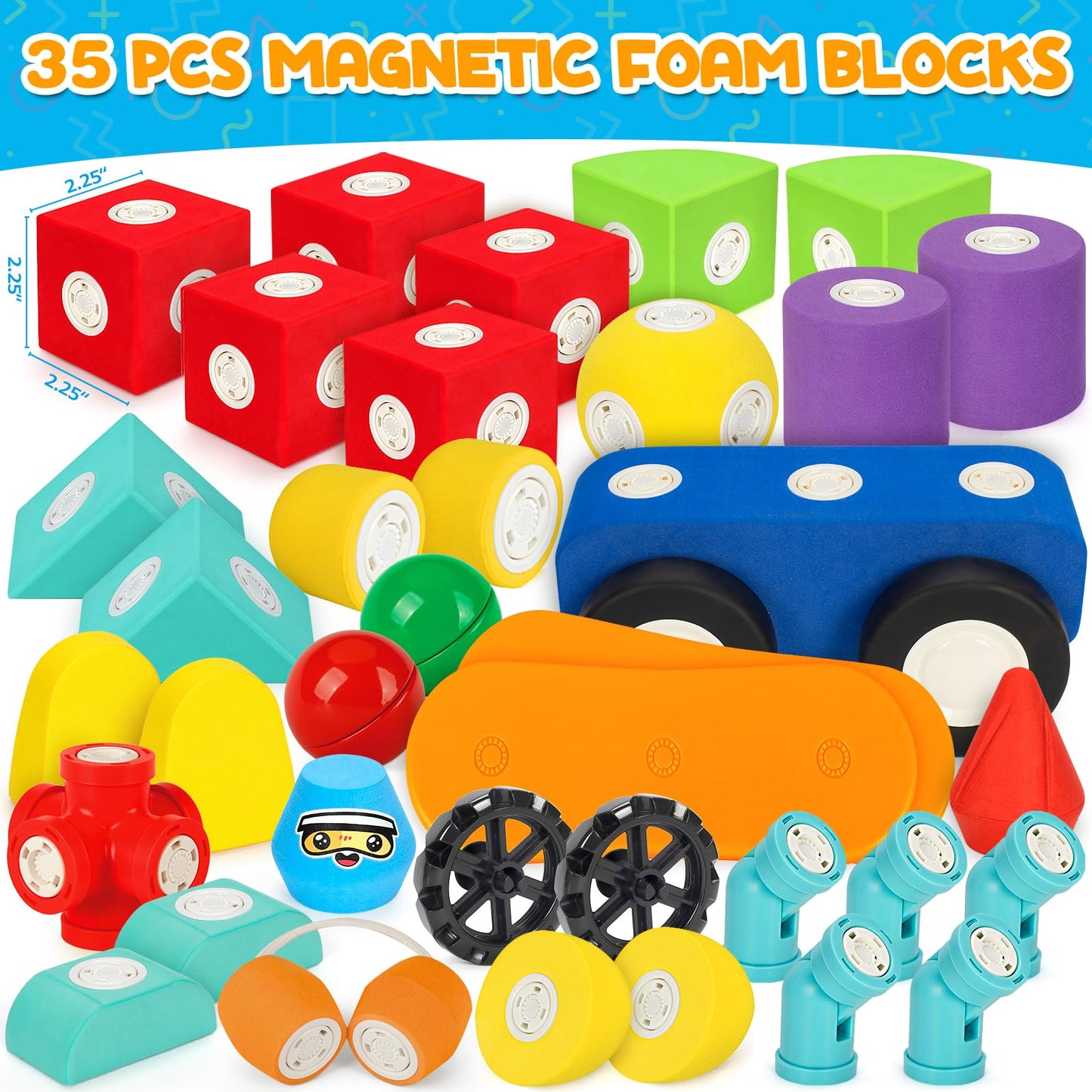 Hodurgyi 35 PCS Magnetic Foam Blocks for Kids, Large Magnetic Building Blocks for Toddlers 3+, Kids Bath Toys and Preschool STEM Educational Toys, Birthday for Boys & Girls 3 4 5 6+ Years Old