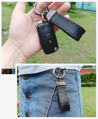 RONGBOER Handmade Double-Sided Cowhide Leather Keychain,Unique Car Key Chain Accessory,Vegetable-Tanned and Nubuck Leather,R07 (black)