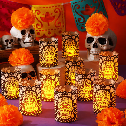 Tuanse 24 Pcs Dia De Los Muertos Decorations Luminary Paper Day of The Dead Votive Candles Holders Altar Paper Lampshade for Halloween Dia De Los Muertos Party Decor Supplies(Black)
