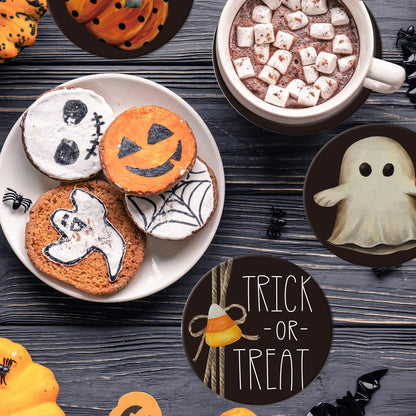 Whaline 4Pcs Happy Halloween Coasters Trick or Treat Ghost Pumpkin Ceramic Coasters Absorbent Cup Mat for Home Kitchen Office Party Table Decor