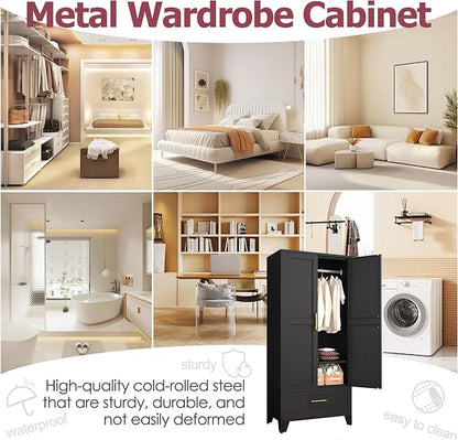 GAIOUS Metal Armoire Wardrobe Closet Cabinet with 2 Doors and Drawer, 71" | Household Wardrobe Cabinet with Hanging Rod, Clothing Storage Cabinet with Adjustable Shelf for Bedroom Cloak Room Gym Black