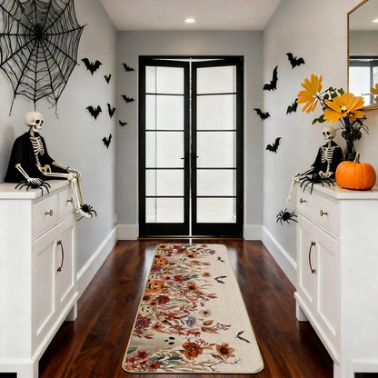 Mocsicka Halloween Kitchen Mats Set Spooky Ghost Pumpkin Kitchen Rug Gothic Floral Spider Bats Kitchen Mat for Halloween Kitchen Decor Non-Slip Washable Ghost Rug, 17 X 29 and 17 X 47 Inch
