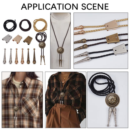 NICENEEDED Bolo Tie Making Kit, Bolo Tie Tips Replacement Accessories with 6 PCS Zinc Alloy Cord End 3 PCS Slide Clasps and 3 PCS Leather Necktie Cord, Western Style Tie Supplies for Bolo Tie Making