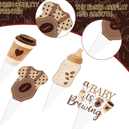 A Baby is Brewing Cupcake Toppers, Coffee Theme Baby Shower Decorations, 48 Pack, Brown Gender Reveal Party Supplies with Coffee Cup and Baby Bottle Picks