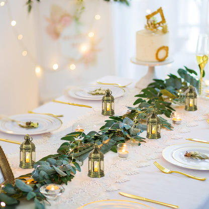 Romadedi Mini Lanterns Decorative for Centerpiece: 10pcs Hanging Small Gold Lantern Bulk with Flickering LED Candles for Wedding Decor Party Table Decorations Christmas Halloween, Batteries Included