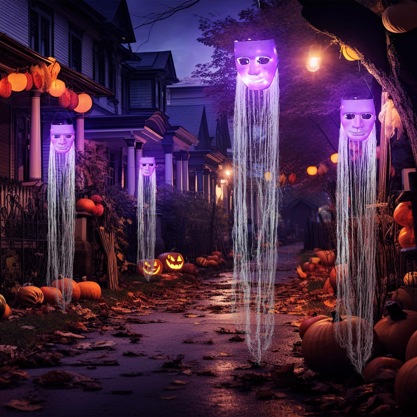 VitalCozy 4 Pcs Halloween Decorations Outdoor Hanging Ghost White Masks with Purple LED Lights Swinging Floating Glowing Ghost Light up Halloween Outdoor Tree Lawn Yard Garden Porch Decorations
