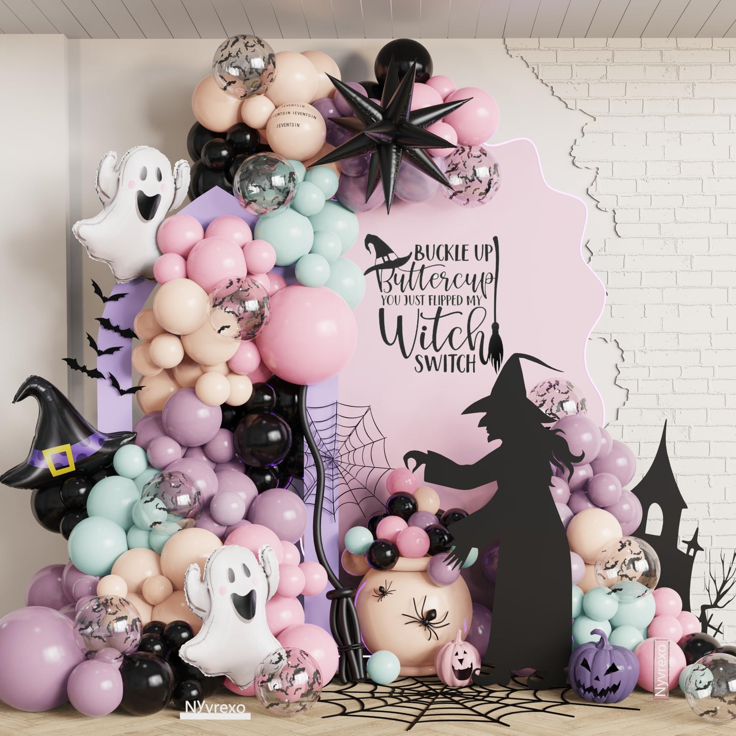 Halloween Balloon Arch Garland Kit, 139Pcs Dusty Purple Green Black Pink Balloons, Ghost Witch Hat Explosion Star Foil Balloons for Halloween Birthday Party Decorations
