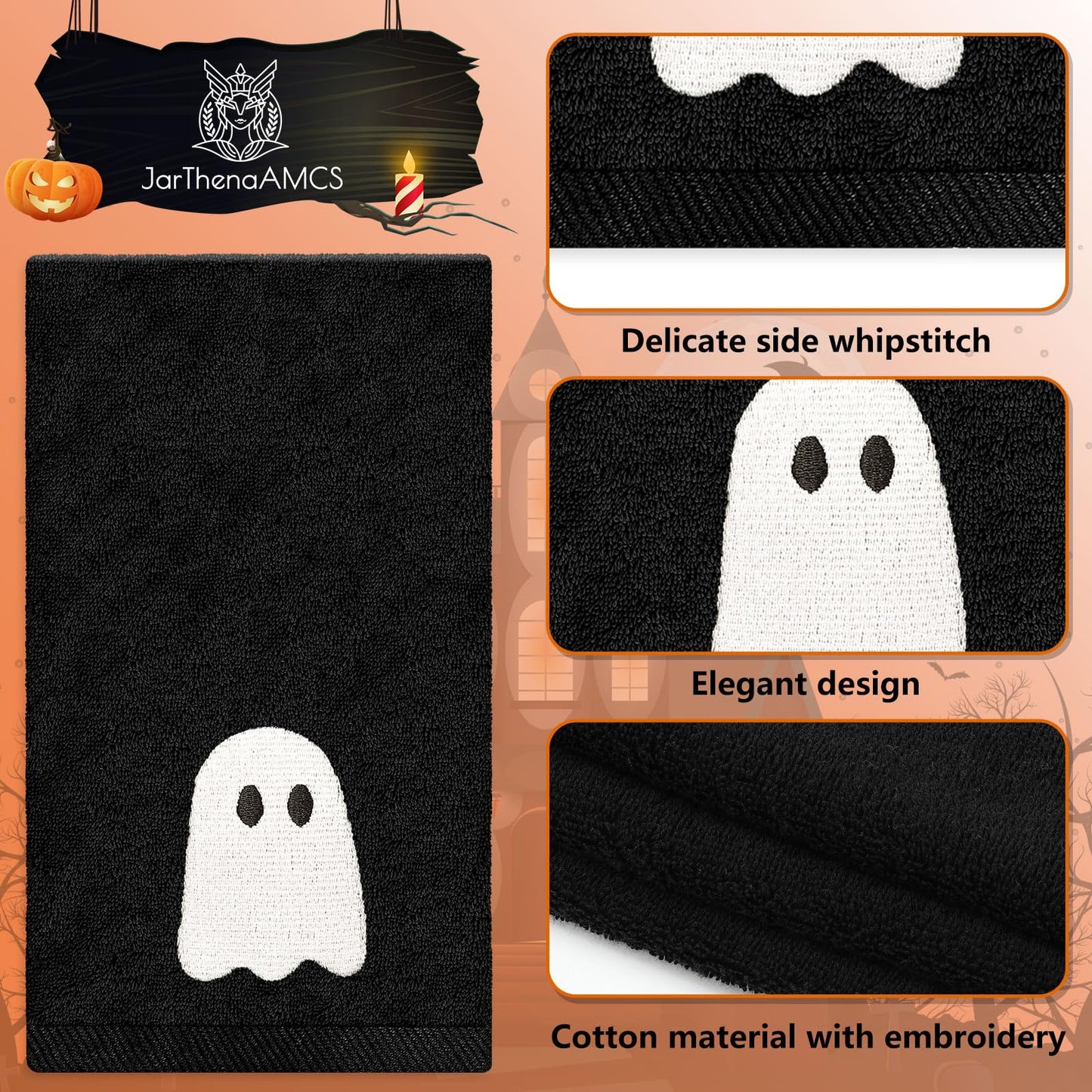 JarThenaAMCS 2 Pack Halloween Hand Towels Embroidered Black White Ghost Cotton Dish Towel for Bathroom Hand Drying Kitchen Cleaning Towel Gift Set, 29.5 x 13.7 Inch