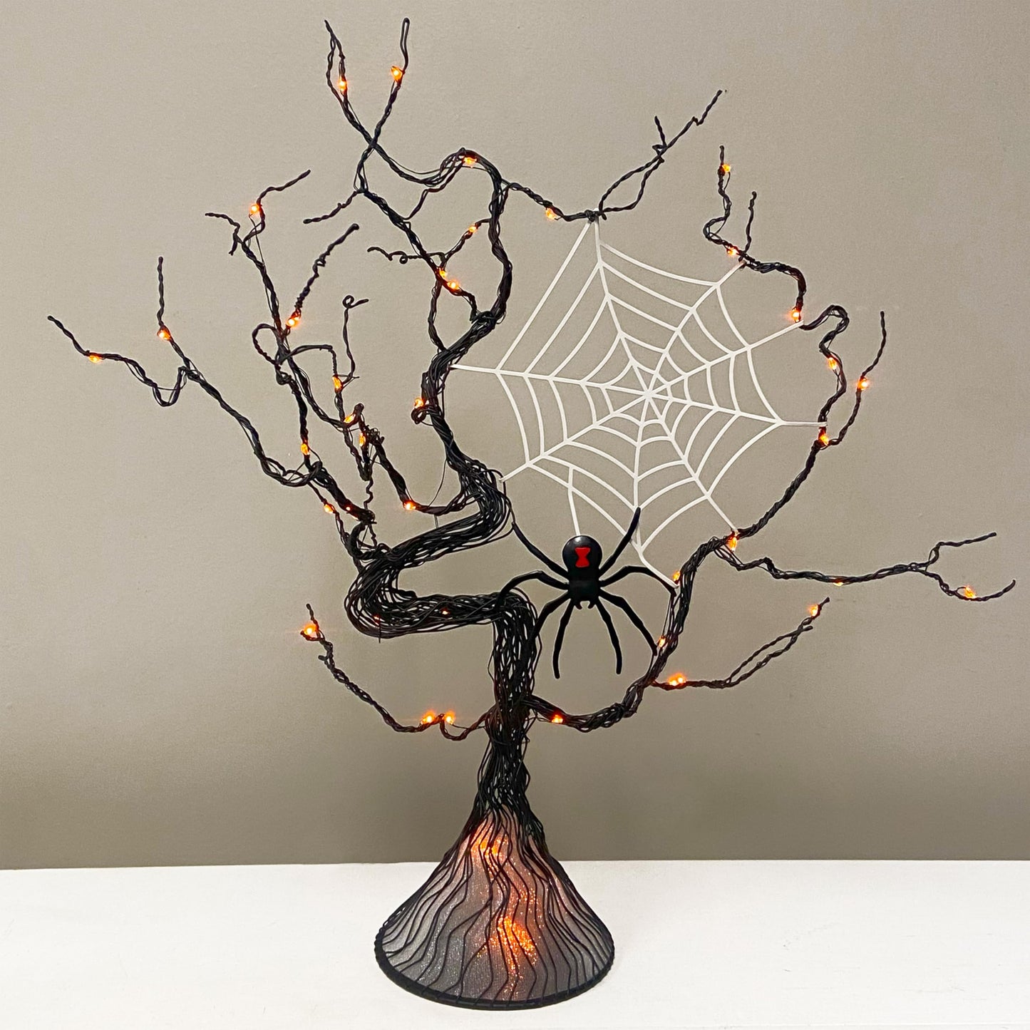 Haute Decor Halloween Tree with Spider - Lighted Black Metal Tree Halloween Centerpiece