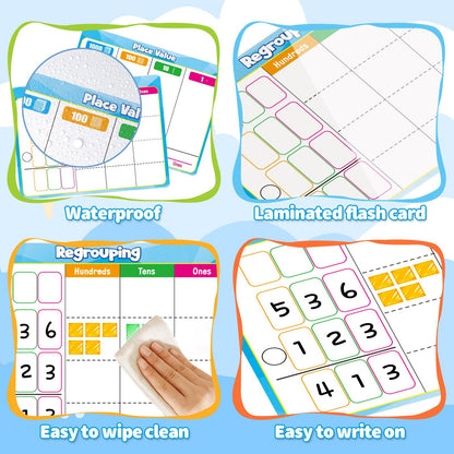 PraxiKidy 12 Pack Place Value Dry Erase Flash Cards Chart, 9" x 12" Base Ten Addition and Subtraction Math Manipulatives 1st 2nd 3rd Grade Classroom Must Haves Teacher Homeschool Supplies Essential