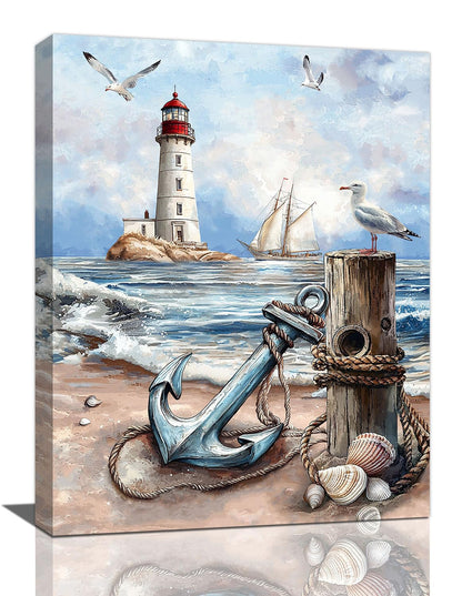 Nautical Wall Art Beach Lighthouse Anchor Pictures Wall Decor Coastal Canvas Prints Framed Paintings Artwork For Bathroom Kitchen Bedroom Dinning Room Living Room Office 12"x16"