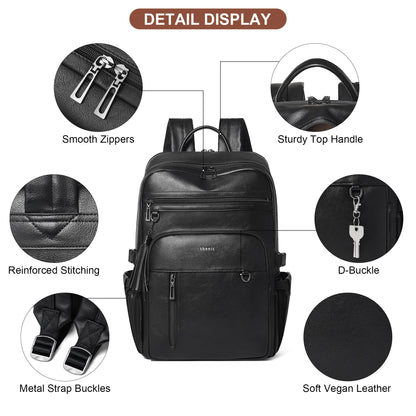 Shrrie Vegan Leather Laptop Backpack for Women,17 Inch Computer Backpack Purse for Work Business College Travel Teacher Nurse with Anti-theft Pocket & Giant Tumbler Holder Pocket,Black