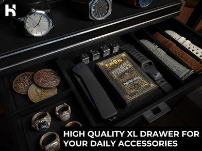 Premium 7 Slot Watch Box for Men - Large Wooden Watch Display Case with Hinged Cover, Leather Lining & Drawer - Watch Holder Organizer Stand - Handcrafted Luxury Father's Day Present for Men