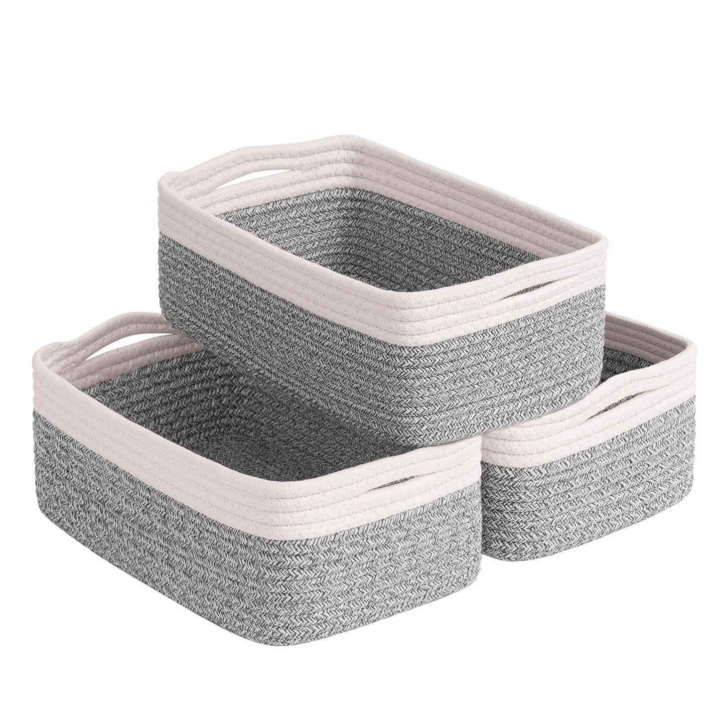 Goodpick Storage Bins, Baskets for Shelves, Cotton Rope Basket for Organization, Closet Organizer Bins, Towel Baskets for Bathroom 3 Pack, White & Light Gray, 11 x 7 x 4.5 in