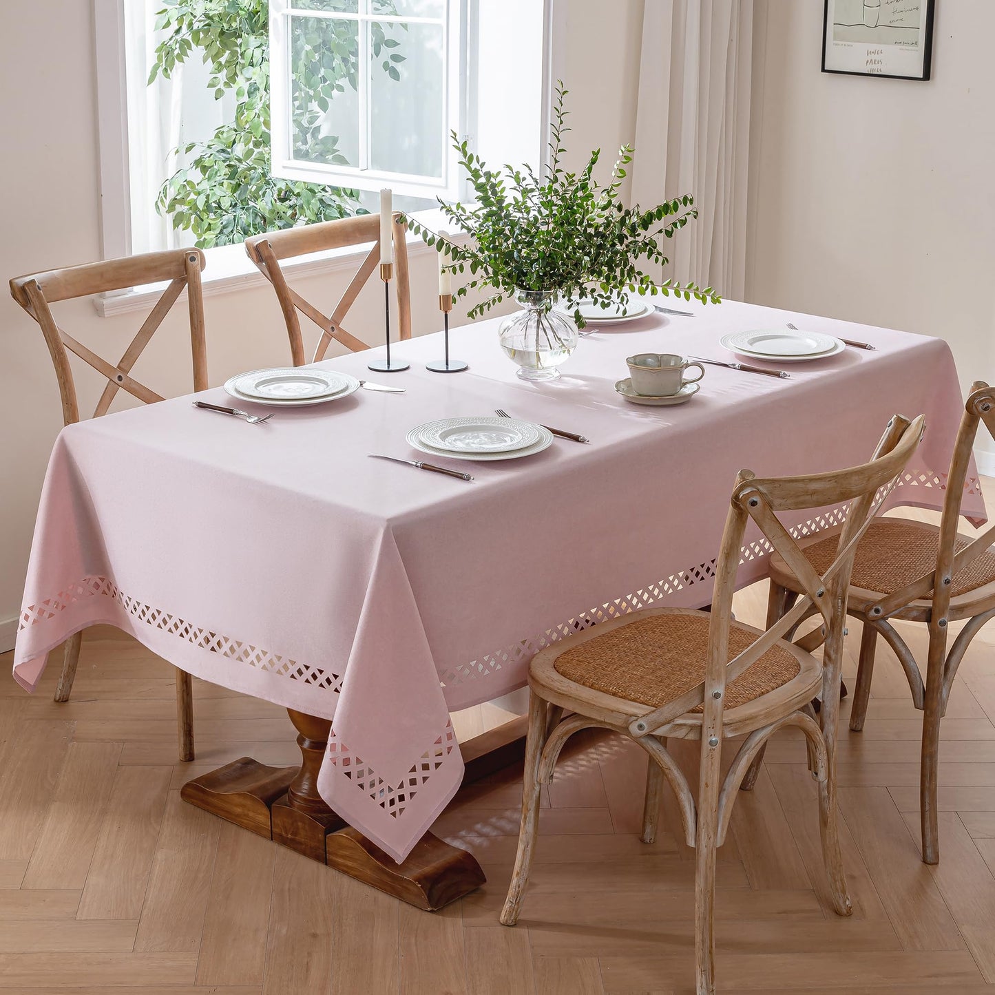 JIALE Pink Rectangle Linen Polyester Tablecloth with Decorative Cutouts, Waterproof Table Cloth Wrinkle Free Light Pink Valentines Farmhouse Dining Table Cover for Outdoor Party Camping, 55 x 70 inch
