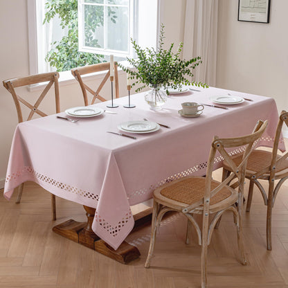 JIALE Pink Rectangle Linen Polyester Tablecloth with Decorative Cutouts, Waterproof Table Cloth Wrinkle Free Light Pink Valentines Farmhouse Dining Table Cover for Outdoor Party Camping, 55 x 70 inch
