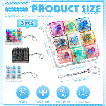 Halloscume 3 Pcs Keyboard Adult Fidget Clicker 9-in-1keyboard Fidget Keychain Cube Mechanical Key Button Clicker Stress Relief Gift for Office Home to Pass The Time (Transparent Colors)