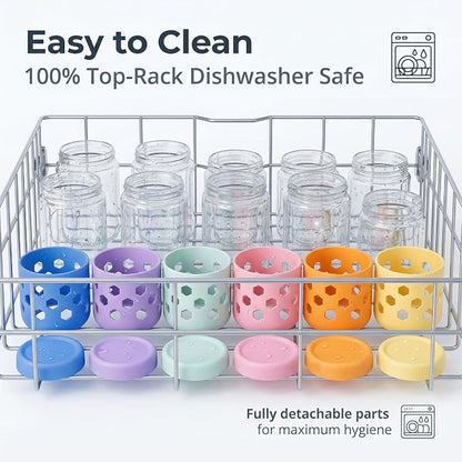 6-Pack 16 oz Overnight Oats Jars with Lids & Silicone Sleeves - Airtight Glass Mason Jars, Food Storage, Wide Mouth Meal Prep Containers for Chia Pudding, Yogurt, Berries & Snacks (Include Spoons)