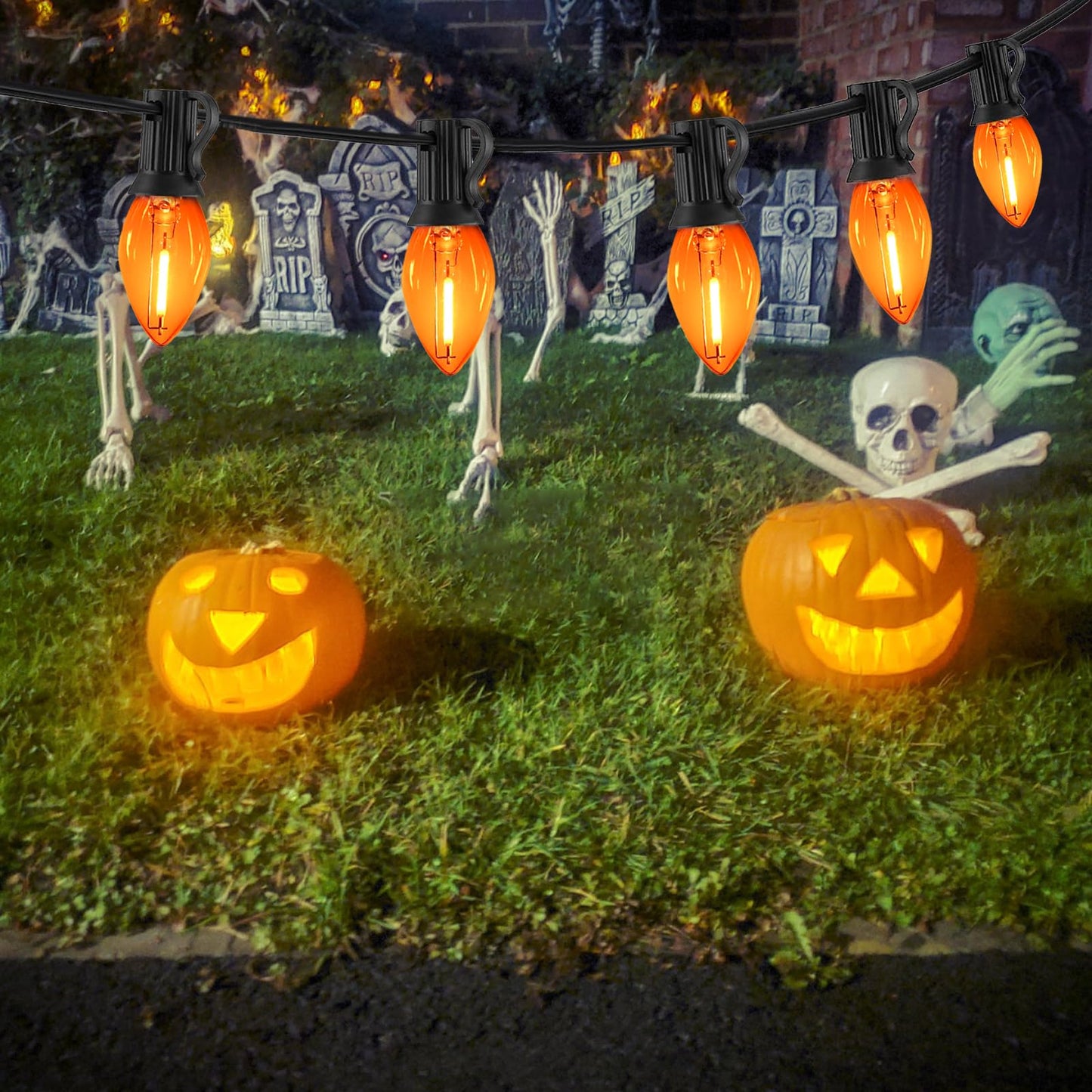 CHYParty 12FT Orange Halloween Lights Outdoor, C7 LED String Lights Plug in with Black Wire for Patio, Porch Railing, Walkway, Party Backdrop Decor