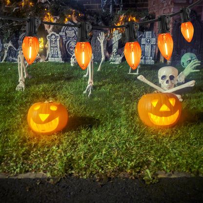 CHYParty 12FT Orange Halloween Lights Outdoor, C7 LED String Lights Plug in with Black Wire for Patio, Porch Railing, Walkway, Party Backdrop Decor