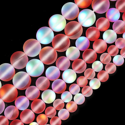 Matte Red Aurora Crystal Glass Beads, 10MM Frosted Glitter Shining Mermaid Round Loose Beads, Rainbow Holographic Synthetic Moonstone for Jewelry Making DIY Bracelet