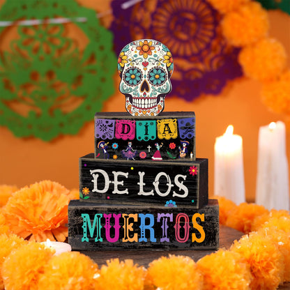 Lineshading 4 Pcs Day of The Dead Table Decorations Day of The Dead Centerpiece for Table Dia De Los Muertos Tiered Tray Decor Wood Sugar Skull Block Signs for Halloween Party Home Shelf Decoration