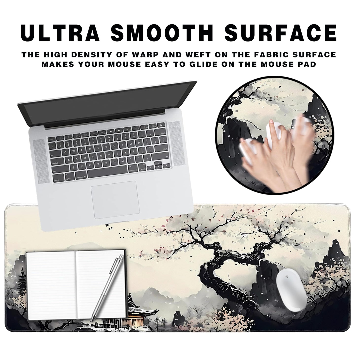 Extended Gaming Mouse Pad Anime Large Desk Pad with Non-Slip Base Full Keyboard Mat with Stitched Edges for Gaming and Office 31.5 x 11.8 inches (Wash Painting)