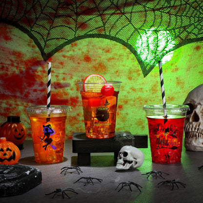 Bokon 100 Sets 12 oz Halloween Cups Witch Theme Clear Plastic Disposable Cups with Lids and Paper Straws Halloween Party Supplies for Party Coffee Beer Beverage Ice Cream Snack Candy