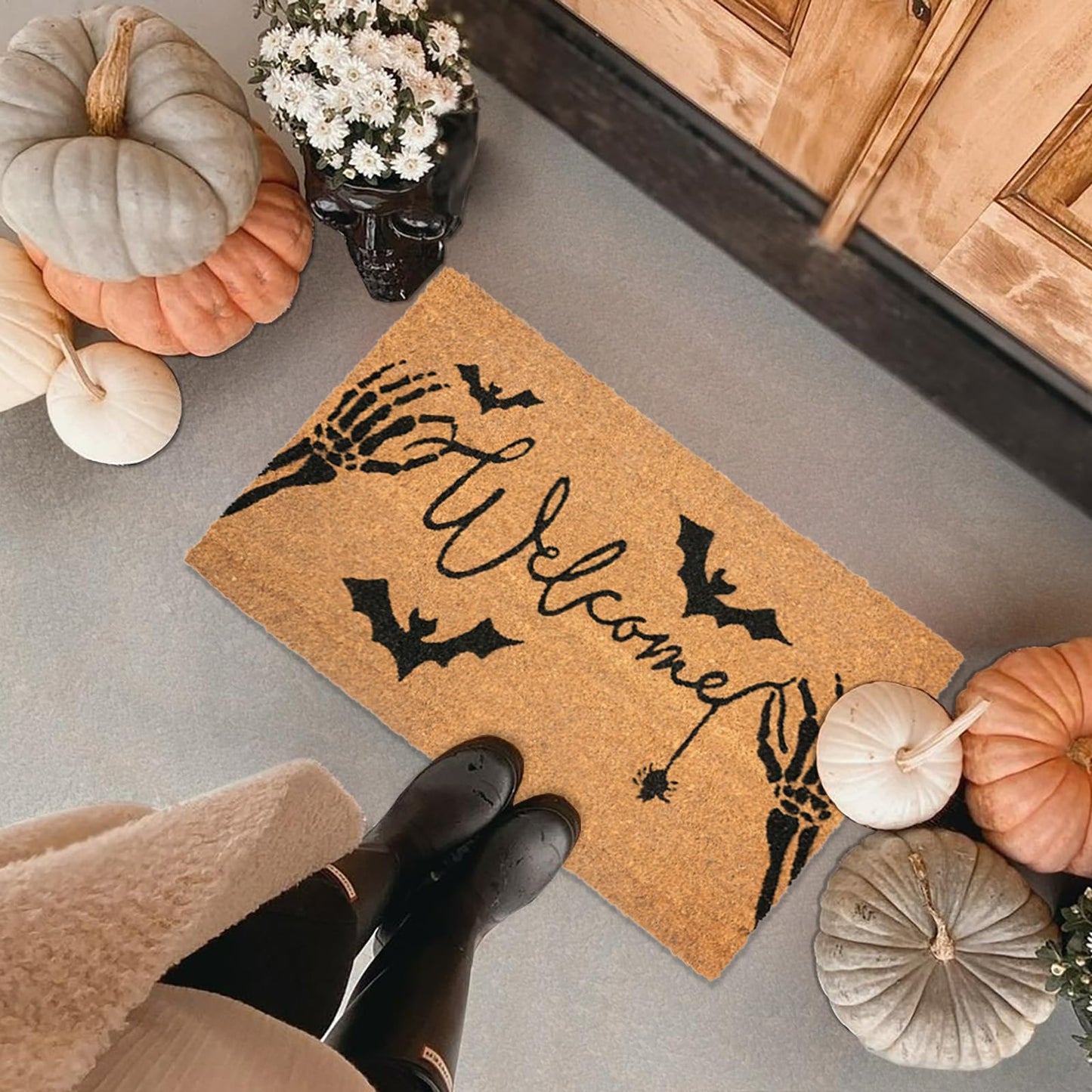 Halloween Welcome Coir Doormat 17"x30", Outdoor Front Door Mat with Bats Skeleton Hands and Spider Design, PVC Non Slip Backing, Fall Halloween Welcome Mat for Front Porch Entryway Decor
