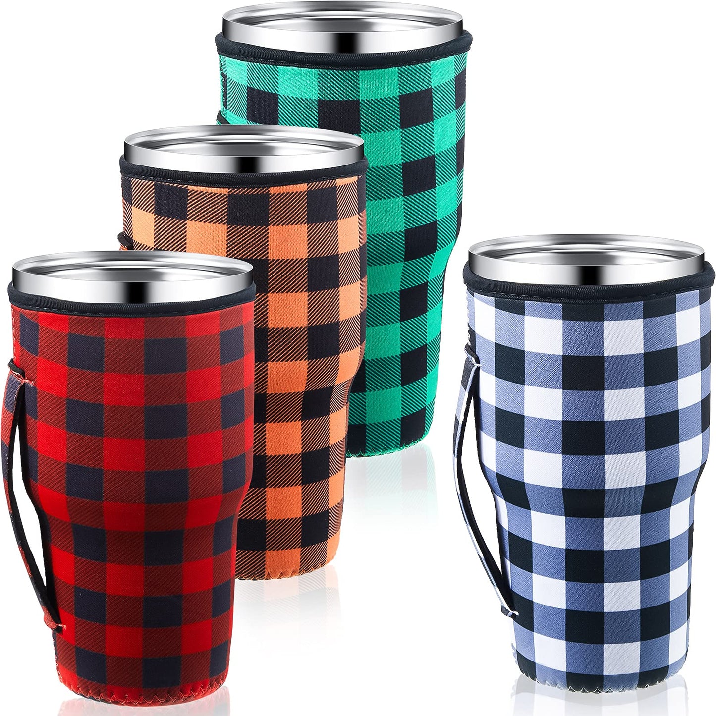 4 Pcs Christmas Reusable Iced Coffee Cup Sleeves 30 oz Reusable Sleeve for Iced Coffee Cup Buffalo Plaid Coffee Neoprene Sleeve Insulated Sleeves Tumbler Sleeve for Iced Hot Drinks