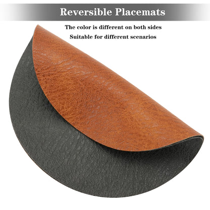 Pixieora Round Placemats and Coasters Set of 8, Washable Reversible Faux Leather Placemats Cowhide Pattern Place Mats Wipeable Non-Slip 15 inch Round Kitchen Dining Table Mats (Gray Brown, 8)