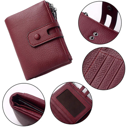 Bveyzi Small Soft Leather Wallet for Women RFID Blocking Ladies Card Holder with Double Zipper Pocket (Wine Red)
