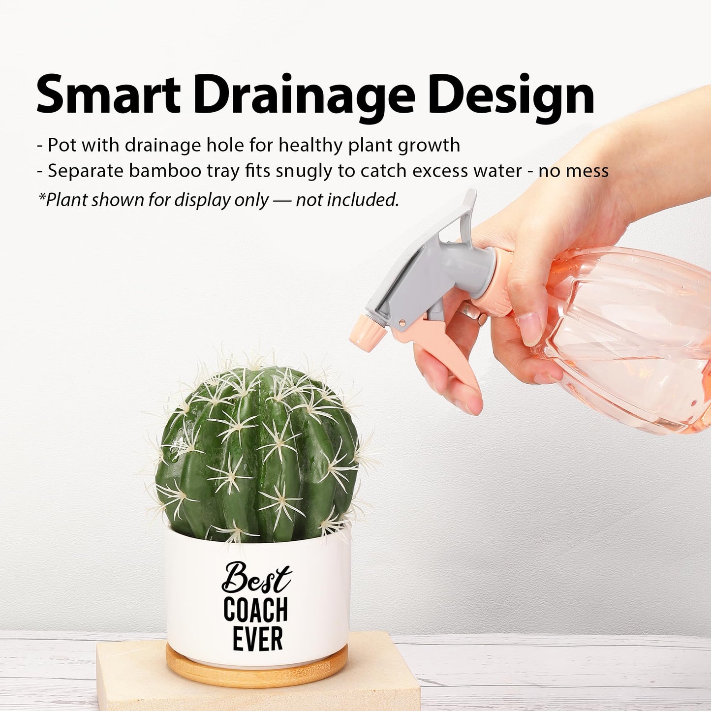 Best Coach Ever Coach Gifts Ceramic Succulent Plant Pot with Bamboo Tray Round Sports Gym Instructor Basketball Volleyball Football Soccer Home Office Decor Plant Lover 3.5 Inch White (No Plants)