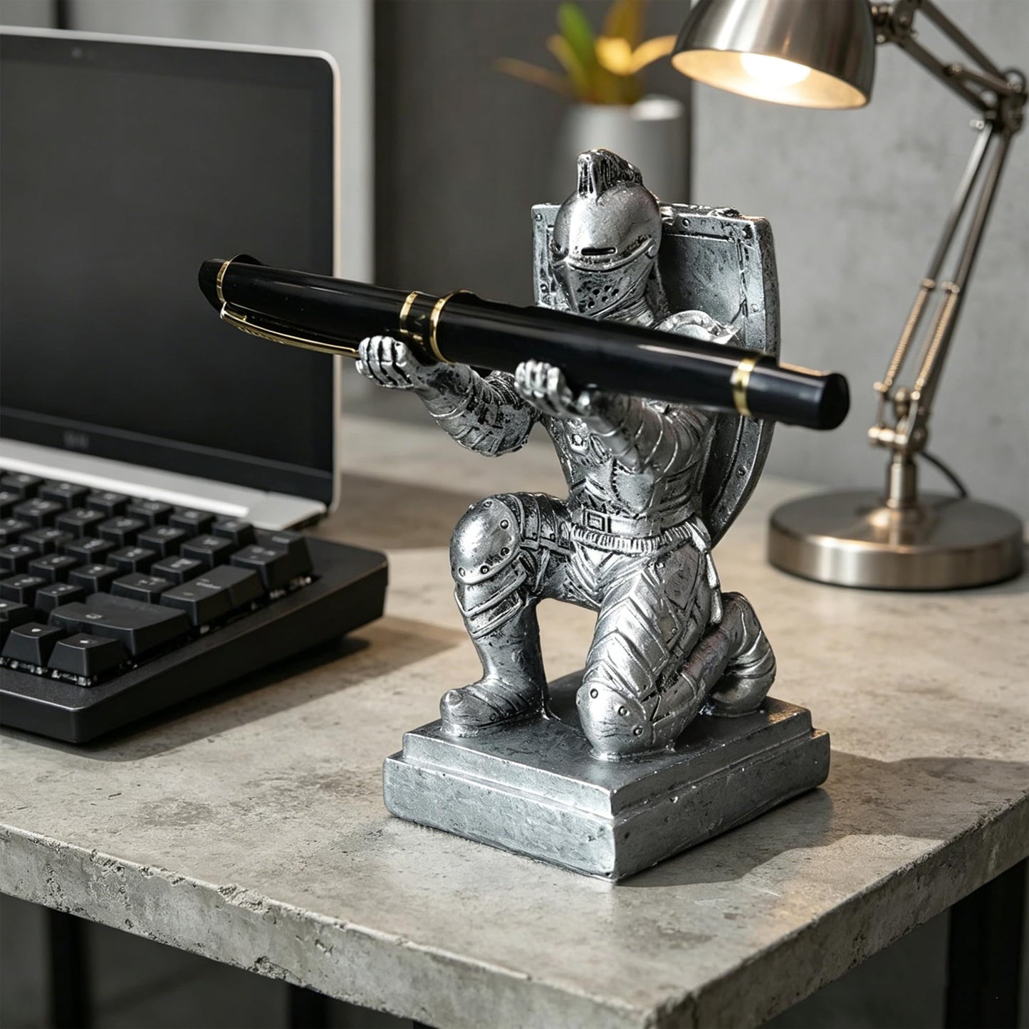 Resin Soldier Shield Knight Decor Statue Pen Holder Base for Desk, Desktop Organizer Pencil Stand Display for Office, School, Home, as Gift for Men Father