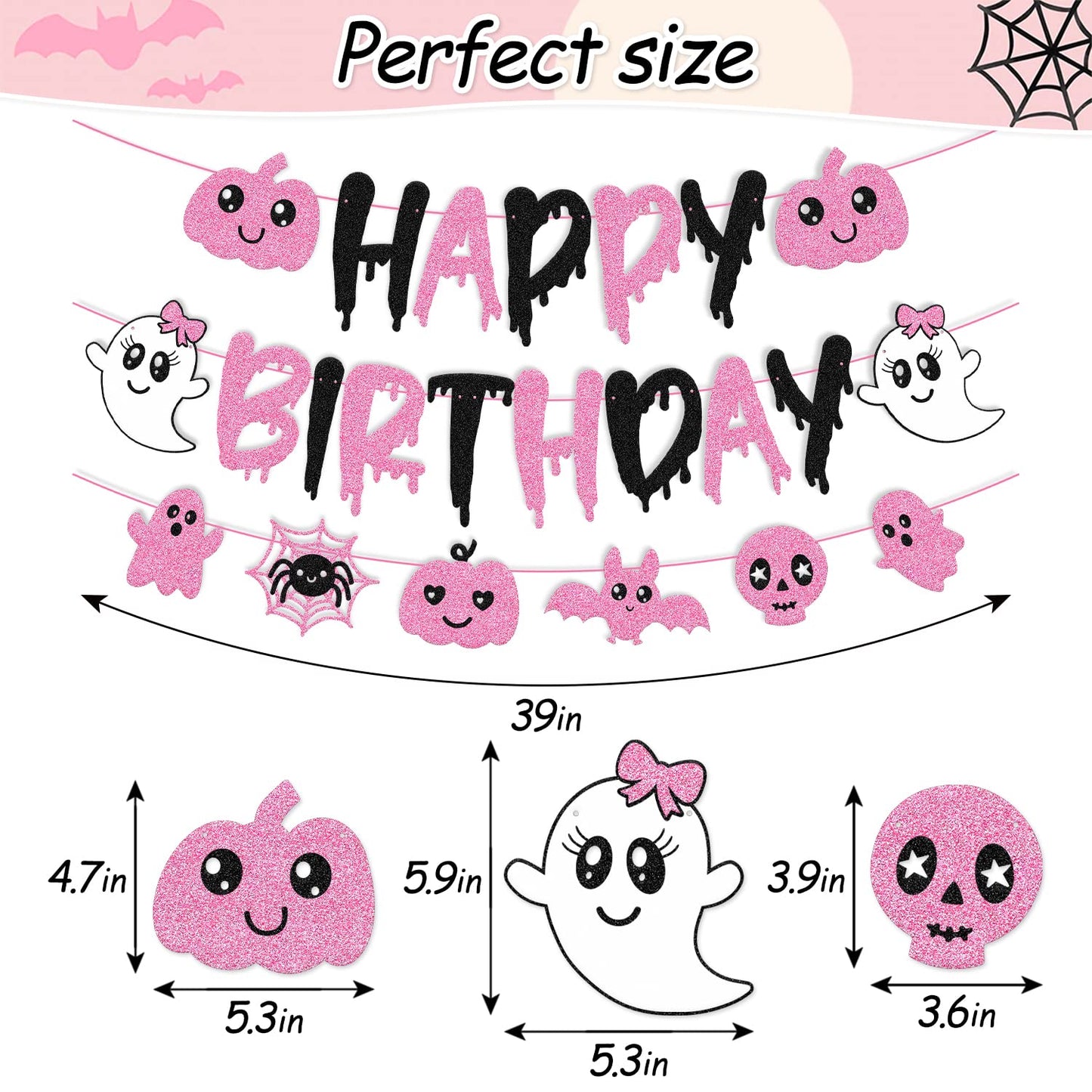 Pink Black Halloween Birthday Banner Ghost Bat Happy Boo Day Little Boo Themed for Girl Happy Birthday Party Supplies Glitter Halloween Decoration