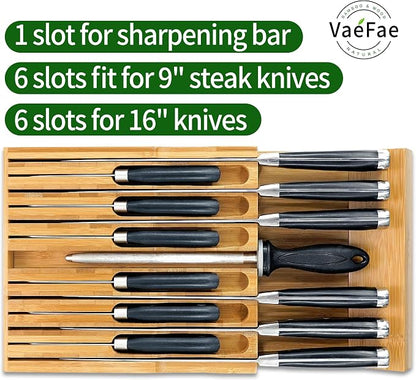 VaeFae Bamboo Knife Drawer Organizer, Knife Drawer Organizer Insert, Kitchen Drawer Knife Block for 12 Knives and a PLUS Slot for your Knife Sharpener (Without Knives)