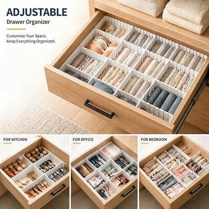 Drawer Divider Adjustable Diy Storage Organizer Separator for Tidying Clutter Cutlery Makeup Clothes of Dresses, Desk & Box in Kitchen Bathroom Bedroom Office (Cut at Will) (White 8pcs)