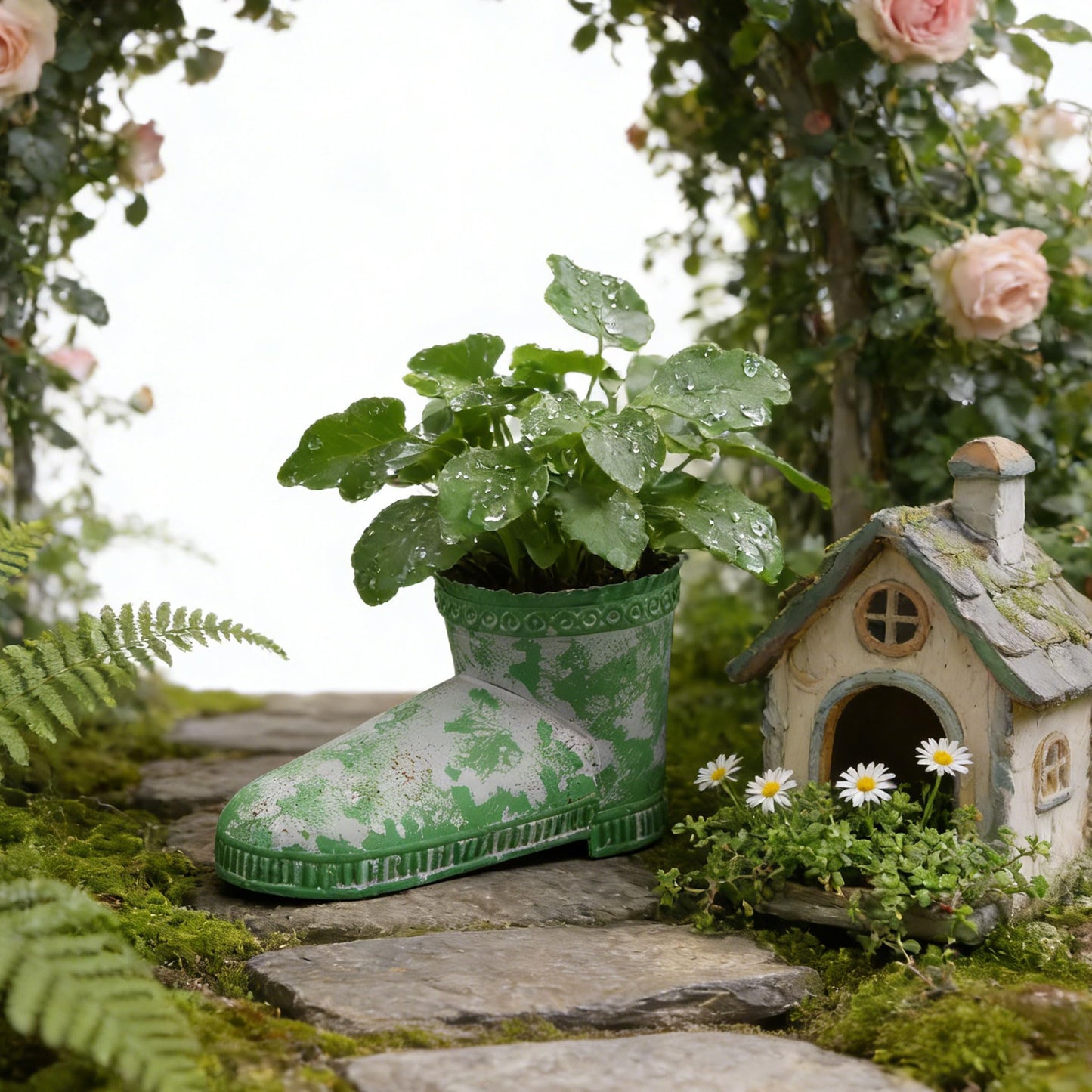 SOFE Rustic Boot Planter, Metal Decorative Flower Pots for Succulents, Herbs, Indoor/Outdoor Boot Vase, Unique Country Home Decor, Green Distressed Finish