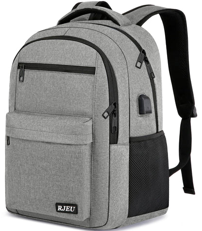 RJEU School Backpack for Teen Boys & Girls Students, 15.6 Inch Laptop Backpack with USB Charging Port - College Business Travel Bookbag, Grey