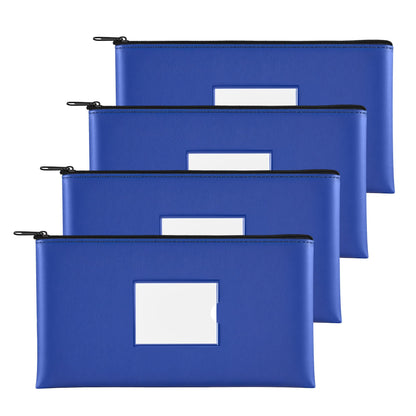 SMARTAKE Money Bags with Zipper, 4-Pack Bank Bags with Label, Waterproof Leather Money Pouches, for Cash Coin Bill Invoice Deposit Receipt Storage and Organize, 11.5 x 6.2 Inches (Blue)